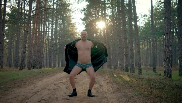 Man public exhibitionism showing nakedness, reveals pathology of sexual disorder, causing both fright and humor. Psychological disorders, sexual upbringing issues, emotional disturbances, depression