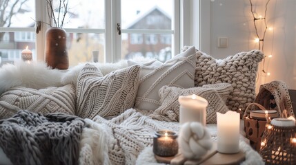 Scandinavian hygge style with cozy textiles, sheepskin throws, and candlelight.