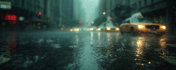 Rain-soaked street with taxi cabs in motion