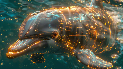 A digital painting of a dolphin made of glowing circuitry