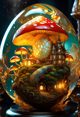 Fantasy scene with a mysterious dreamy woodland inside a glass egg. Concept of magic, imagination, fairytale. Digital illustration. CG Artwork Background