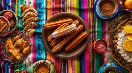 A mouthwatering still life of traditional Mexican sweets and treats, including churros, empanadas, and tres leches cake, arranged on a colorful serape blanket