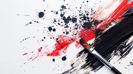 Black and red paint splattered across a white surface with a paintbrush in motion.