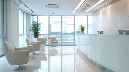 Fototapeta premium A sleek and spacious corporate office lobby featuring minimalist design, white furniture, and large windows allowing for ample natural light..