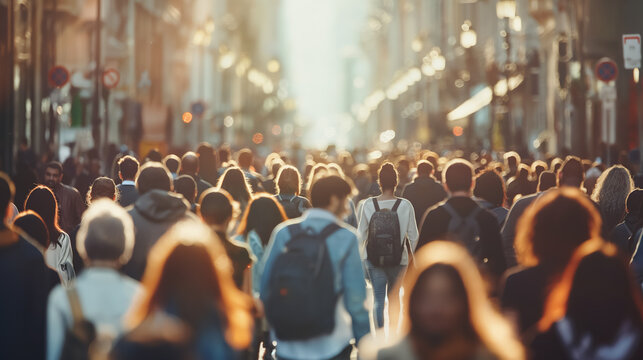 Bustling crowd of people moves along a sunlit city street, bathed in the warm glow of a setting sun.