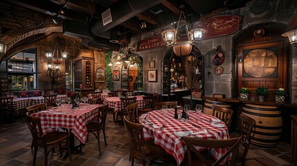 Traditional Italian trattoria with checkered tablecloths, wine barrels, and Tuscan-inspired decor.