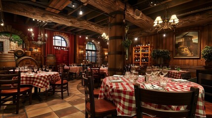 Traditional Italian trattoria with checkered tablecloths, wine barrels, and Tuscan-inspired decor.