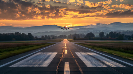 Silhouette of an airplane descends onto the runway against a breathtaking dawn sky with hues of...
