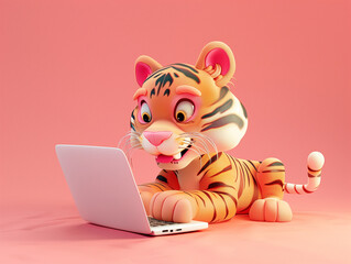 A Cute 3D Tiger Using a Laptop Computer in a Solid Color Background Room