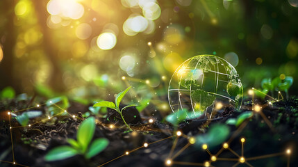 Futuristic Illustration of Blockchain Technology in a Lush Forest