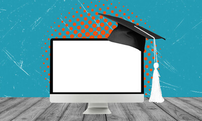 Concept of financial literacy and education. Computer monitor and graduation cap.