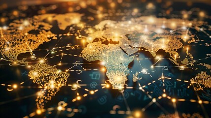 A hightech digital map of the world, with puzzle pieces connecting global markets for a digital marketing campaign