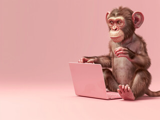 A Cute 3D Monkey Using a Laptop Computer in a Solid Color Background Room
