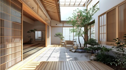 Traditional Japanese machiya townhouse with sliding shoji doors, tatami mat flooring, and a peaceful inner courtyard.