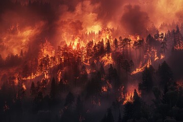 Obraz premium Night fire in the forest with fire and smoke.Epic aerial photo of a smoking wild flame.A blazing,glowing fire at night.Forest fires.Dry grass is burning. climate change,ecology.Line fire in the dark