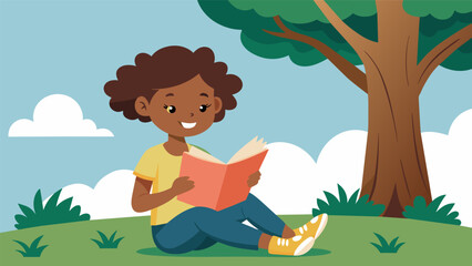 A young girl with a wide smile on her face sitting under a tree and reading a worn copy of a famous African American poets collection of poems.. Vector illustration