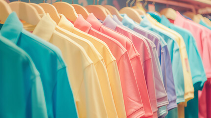 Fototapeta premium Stack of a lot of folded clothes background. Polo shirt in pastel colorful color tones were hanging on a clothes rack in a clothes shop.