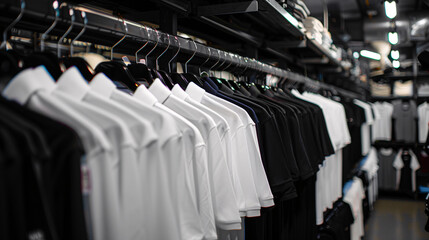 Stack of a lot of folded clothes background. Polo shirt in white, grey and black color tones were hanging on a clothes rack in a clothes shop.