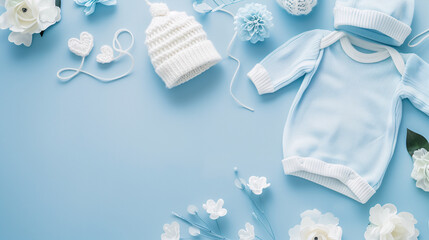 Mockup of baby clothes on plain background with copy-space for text. A newborn bodysuit in blue color tone was displayed on a plain blue background with cute decorations, a beanie hat and flowers.