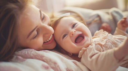 赤ちゃんと一緒に笑う母親 Mother smiling with her baby
