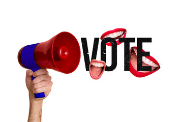 Creative poster collage vote agitation loudspeaker vote psychedelic mouth caricature president...