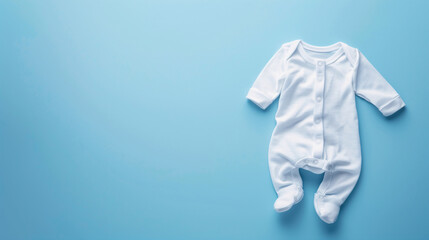 Mockup of baby clothes on plain background with copy-space for text. A newborn bodysuit in white color tone was displayed on a plain blue background.