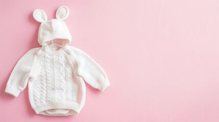 Mockup of baby clothes on plain background with copy-space for text. A newborn sweater in white color tone was displayed on a plain pink background.