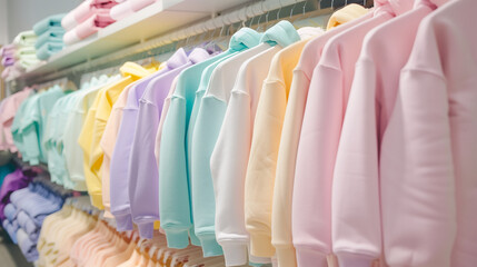 Stack of a lot of folded clothes background. Hoodies in pastel colorful color tones were hanging on a clothes rack in a clothes shop.