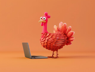A Cute 3D Turkey Using a Laptop Computer in a Solid Color Background Room