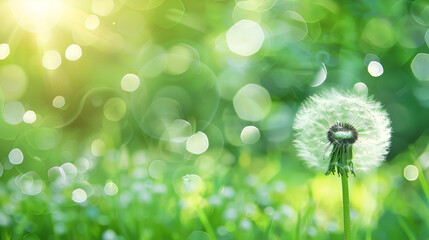 Single white dandelion in the garden,Spring Dandelion in the grass, Wild flowers plant on summer or autumn nature background,Dandelions and branches on defocused background