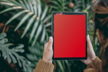 App mockup caucasian woman in her 60s holding a tablet with a fully red screen