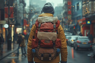 Fototapeta premium Person with backpack walking in snowy city