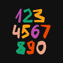 Hand drawn colorful numbers set. Marker, brush stroke quirky numbers. Vector doodle illustrations in a playful style
