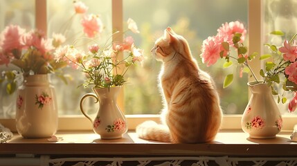 A cute cat on a sunny window, In front of the window were cream vases full of pink flowers