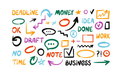 Business words, presentation icons collection. Hand drawn marker, brush doodle elements. Vector illustrations isolated on a white background