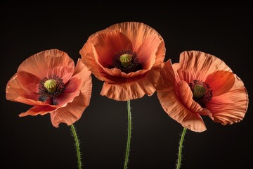 Symbolic red poppies on black background for remembrance and anzac day commemoration