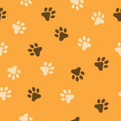 Dog, cat paw seamless pattern vector illustration. Animal, pet, wallpaper, orange background
