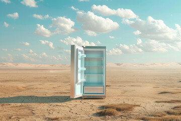 Open empty refrigerator in the desert