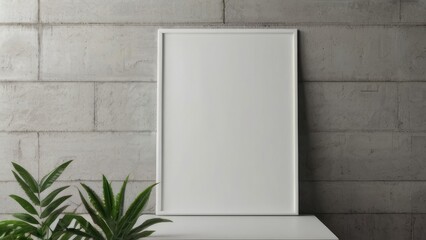 Empty horizontal frame mockup in modern minimalist interior with plant in trendy vase on white wall background. Template for artwork, painting, photo or poster