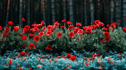 A field of red poppies with a dark background