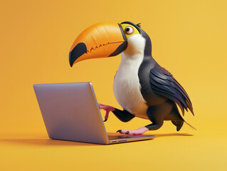 Naklejka premium A Cute 3D Toucan Using a Laptop Computer in a Solid Color Background Room