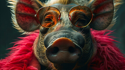A photo of a pig wearing sunglasses and a fur coat
