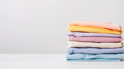 Stack of folded clothes on plain background with copy-space for text. All seasons collection. T-shirts in Colorful pastel colors were displayed on a wooden desk and plain white background.