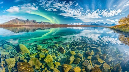 A crystal-clear lake mirroring a sky bursting with auroras, a serene scene for solitary reflection on the depths of one's dreams