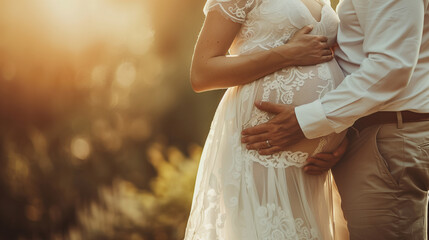 Close-up of a pregnancy mom belly is hugged by her husband. The groom is hugging bride belly from behind on a dawn forest background.