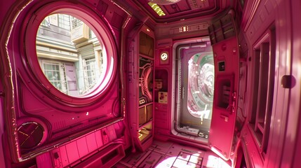 Vivid pink space station interior with futuristic design elements and ambient lighting