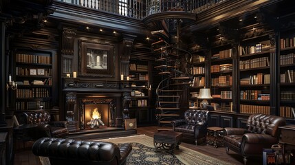 Victorian Gothic-inspired library with dark wood bookshelves, leather armchairs, and a cozy...