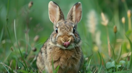 Fototapeta premium A cute Rabbit in the grass looks directly into the camera and sticks out his tongue