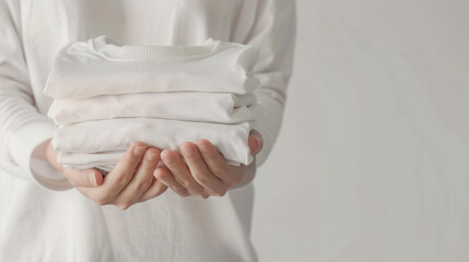 Close-up of two hands is holding stack of clothes on a plain background. Folded stacked towels in white color were held by a woman hands on a plain light grey background.