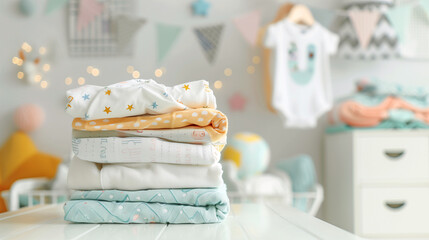 Stack of folded clothes on plain background with copy-space for text. All seasons collection. Diapers in pastel blue and orange color tones were displayed on a decorative kid room background.